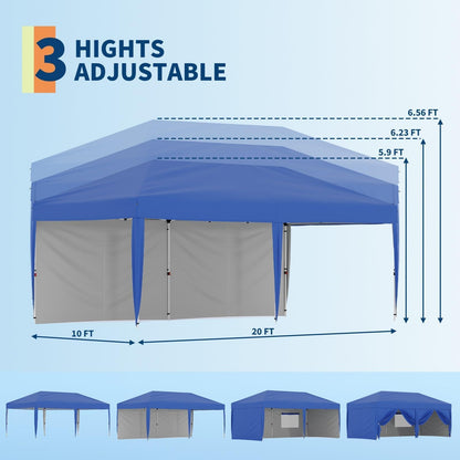 10x20 ft Pop Up Canopy Tent with Removable Sidewalls, Waterproof & UV-Resistant Outdoor Shelter, Portable Roller Bag, 3 Adjustable Heights, 6 Sandbags, and Easy Setup for Camping, Events, and Backyard