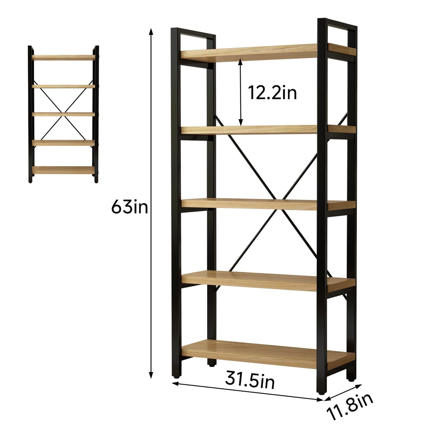 WH-AOERPUMY Real Solid Wood Bookshelf Shelves Rustic Vintage Industrial Etagere Bookshelf, Metal & Timber Free Vintage Bookcase, (Genuine Timber) (5-Tiers-Natural Finish)