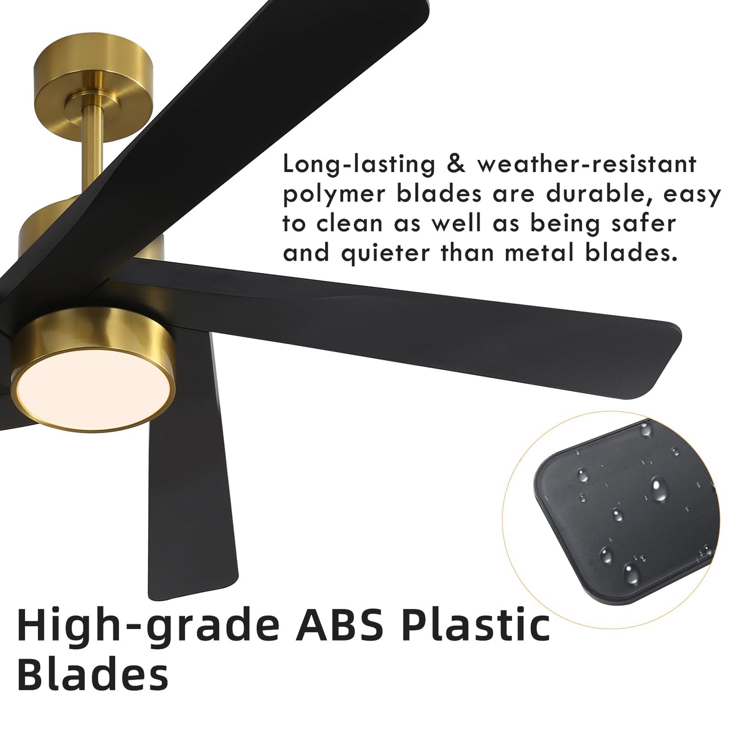 WINGBO 64" ABS DC Ceiling Fan with Lights, 5 Blade ABS Plastic Ceiling Fan with Remote, 6-Speed Reversible DC Motor, LED Ceiling Fans for Kitchen Bedroom Living Room, Brass and Matte Black