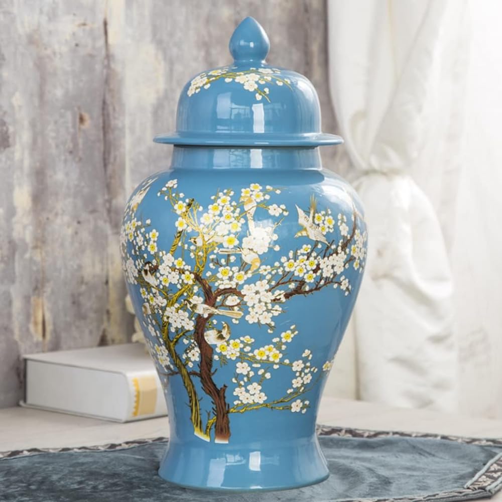 ERoomQ Blue Ceramic Ginger Jar with Lid for Home Decor,Traditional Chinese Trees and Flowers Temple Jar, Jingdezhen Handcrafted Porcelain Vase Centerpiece Decor-Medium