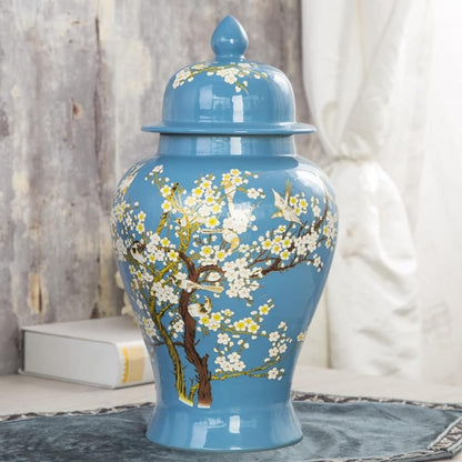 ERoomQ Blue Ceramic Ginger Jar with Lid for Home Decor,Traditional Chinese Trees and Flowers Temple Jar, Jingdezhen Handcrafted Porcelain Vase Centerpiece Decor-Medium