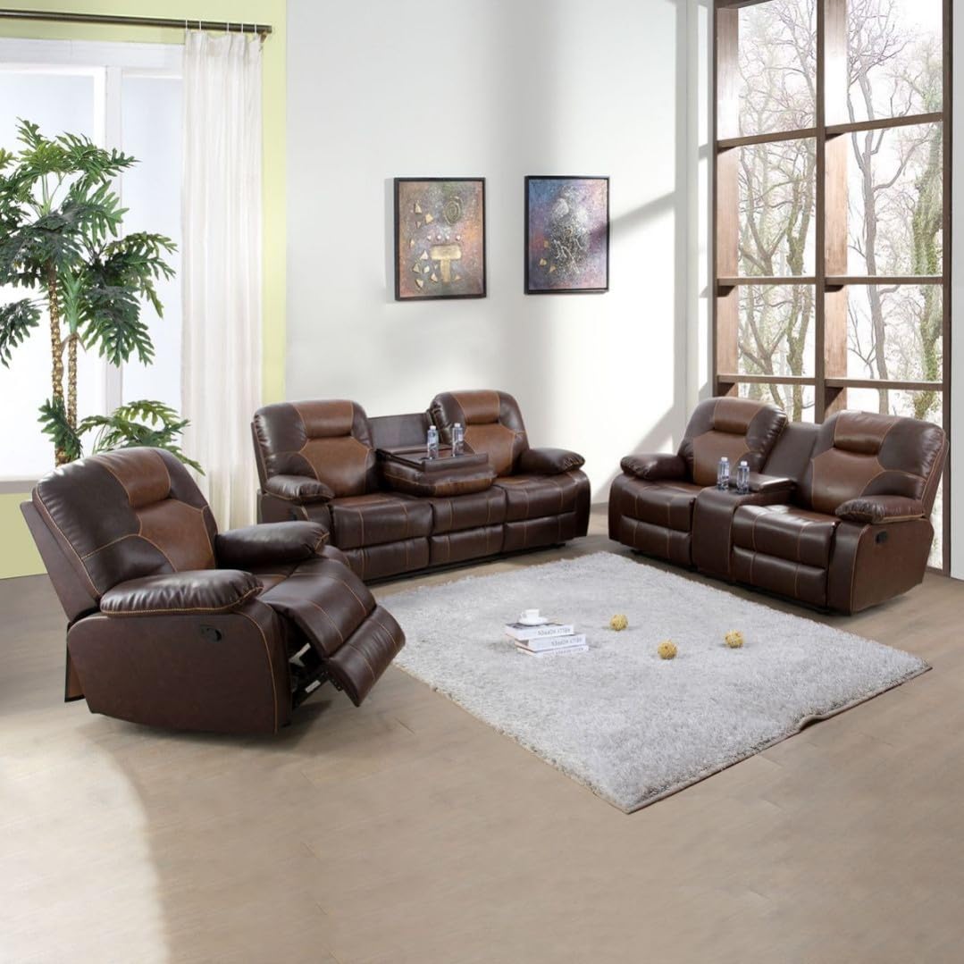 UOCFYK Manual Breathing Leather Recliner Sofa, Leather Recliner Couch, Comfortable Wide Lazy Leather Sofa for Living Room (Brown, 3-Piece)
