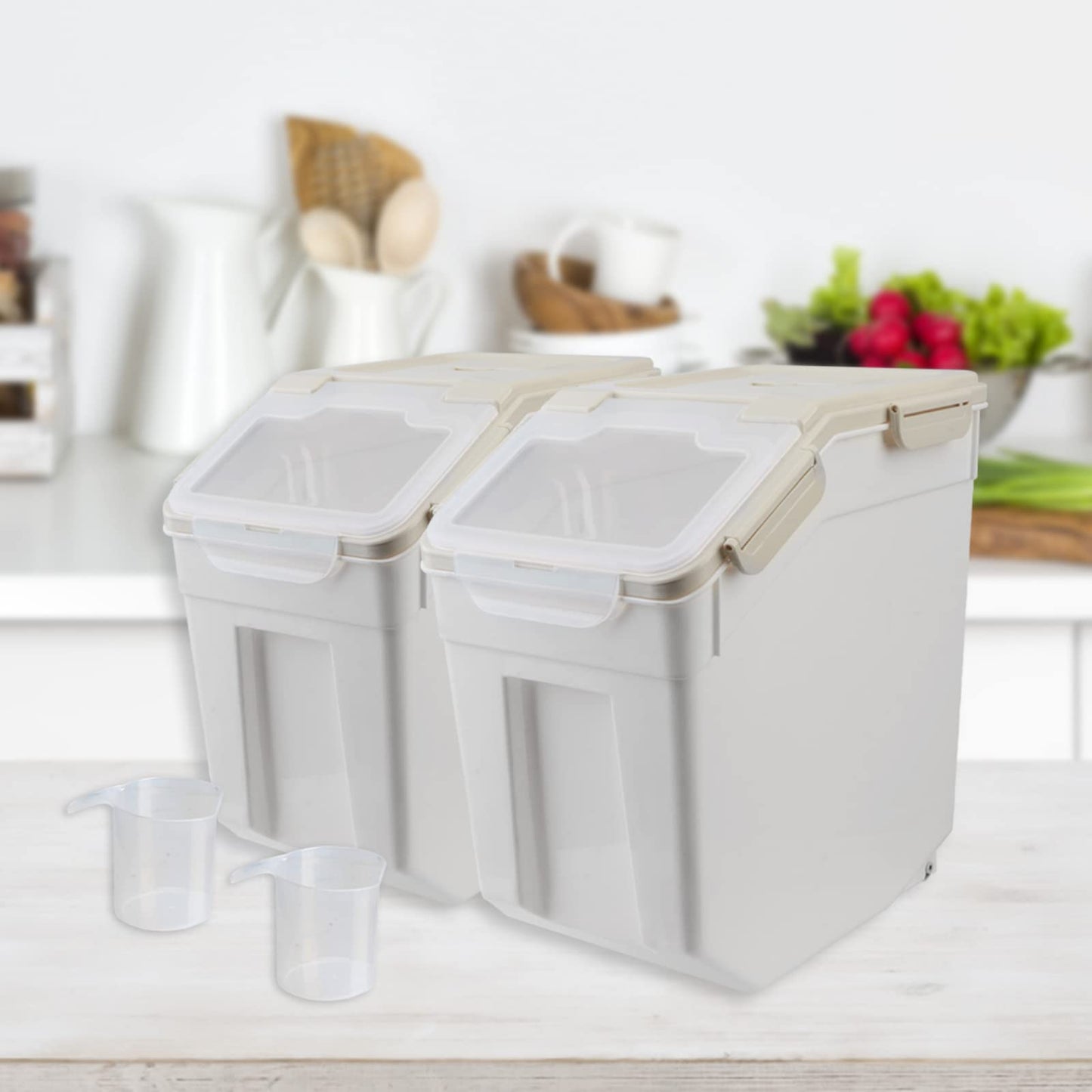 Qiveno Large Flour Storage Container Bin 25lb, 2Pack Airtight Rice Storage Containers with Wheels Seal Locking Lid, BPA Free with Measuring Cup&Scoop for Flour, Rice, Grain(Gray)