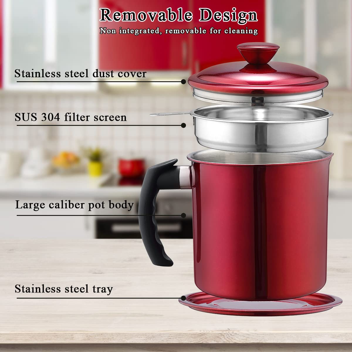 Kyraton Bacon Grease Container With Strainer, 48 oz Metal Shining Red Stainless Steel Oil Container, Pot Fat Storage With Lid, Easy Grip Handle Suitable For Storing Frying Oil And Cooking Grease