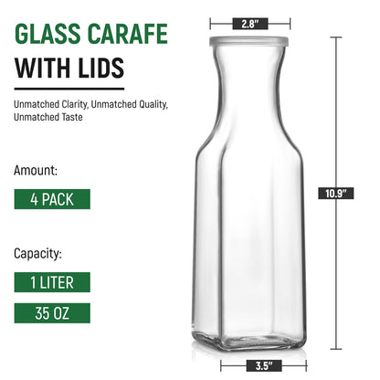 Set of 4 Square Glass Carafe with Lid, 1 Liter Clear Glass Pitcher, Beverage Serveware Carafe for Mimosa Bar, Brunch, Cold Water, Juice, Milk, Iced Tea, Lemonade