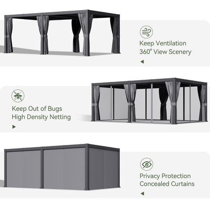 Aoxun Louvered Pergola 12x20 All-Aluminum Outdoor Gazebo with Independent Adjustable Roofs, Waterproof Curtains and Netting, Integrated Drainage System for Patios & Backyard
