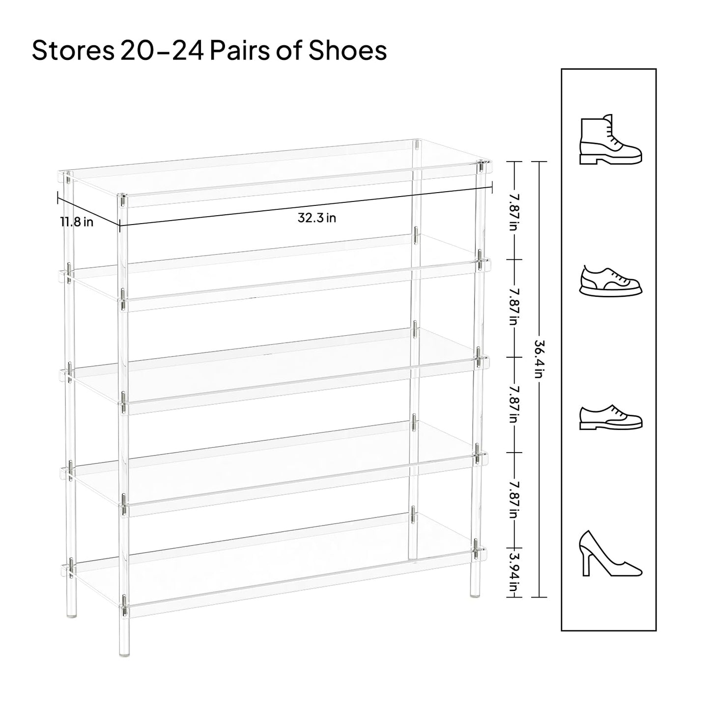 Aquiver 5 Tier Acrylic Shoe Rack - Closet Shoe Rack Shoe Organizer for Entryway, Stores 20 Pairs of Shoes, 32.3'' L x 11.8'' W x 36.4'' H