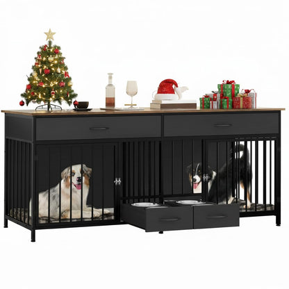 YITAHOME 74.8" Double Dog Crate Furniture with Dog Feeder, Heavy Duty Indoor Dog Kennel TV Stand with Drawers, Sturdy Dog Kennel with Divider for 2 Medium Large Dogs, Black