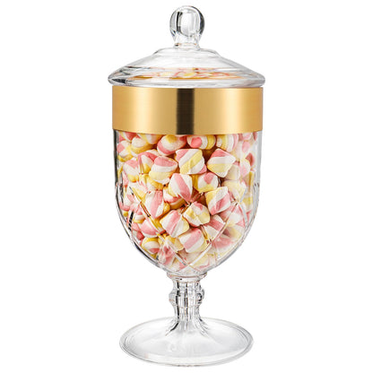 Hacaroa 76 Oz Large Plastic Apothecary Jar with Airtight Lid, Acrylic Candy Cookie Jar for Candy Buffet, Decorative Footed Wedding Container Bathroom Canister for Bath Salt, Vanity, Party, Gold Trim