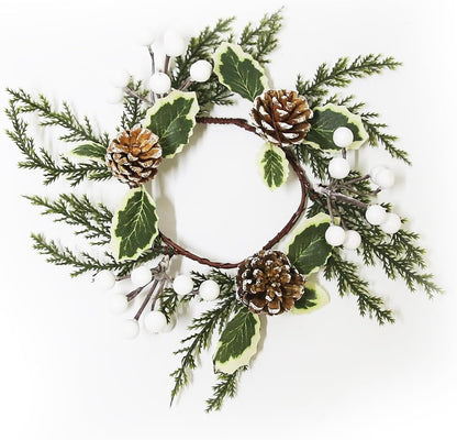 Regine Switzerland Christmas Greenery Candle Rings - 12 Pack with White Berries & Pine Cones | Festive Table Decor