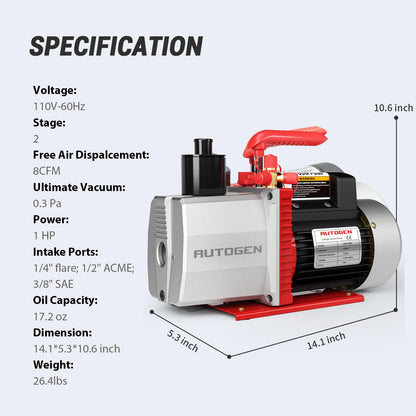 2-Stage 8CFM Vacuum Pump, 1HP 2.25 Micron 110V Air for R12 R22 R134a R410a, Rotary Vane for HVAC/AUTO AC Refrigerant Recharging, Degassing Wine, Milking Cow