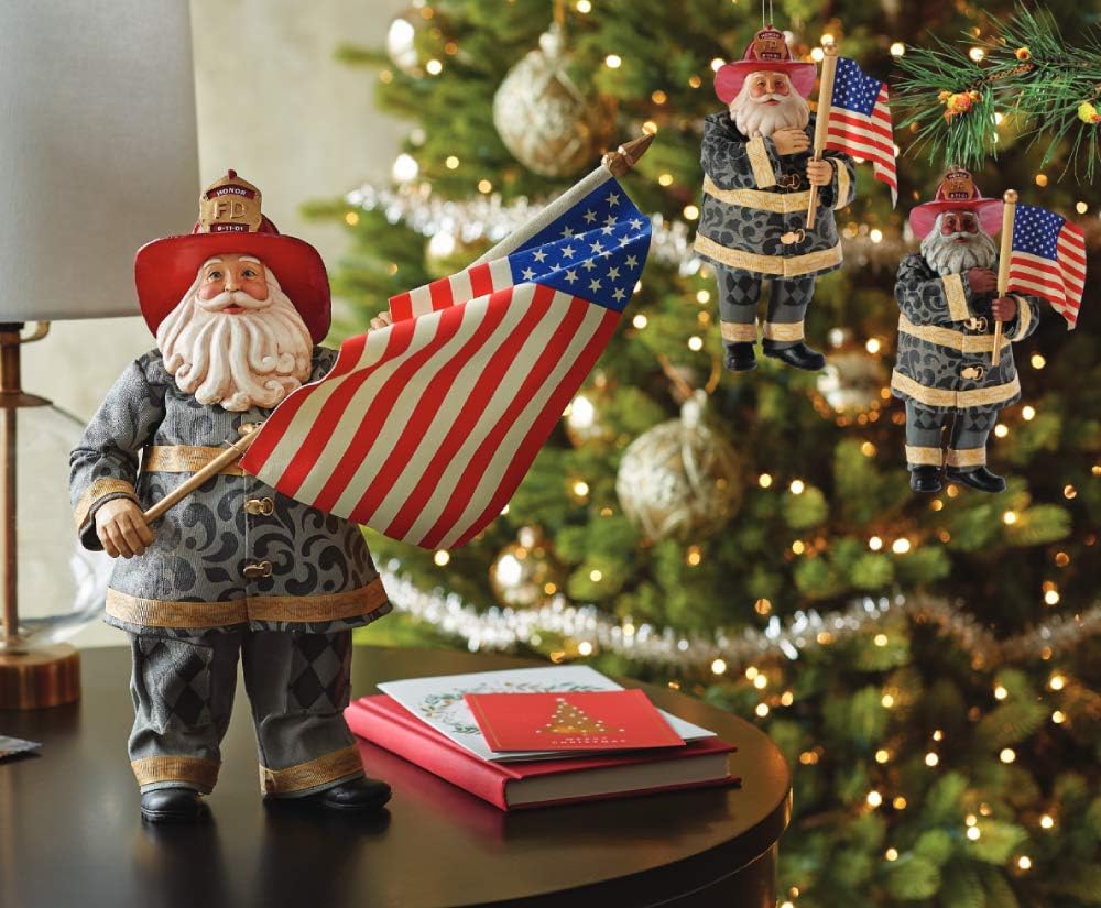 Department 56 Possible Dreams Jim Shore Tribute to 9/11 Firefighter Santa, African American Hanging Ornament, 6 Inch