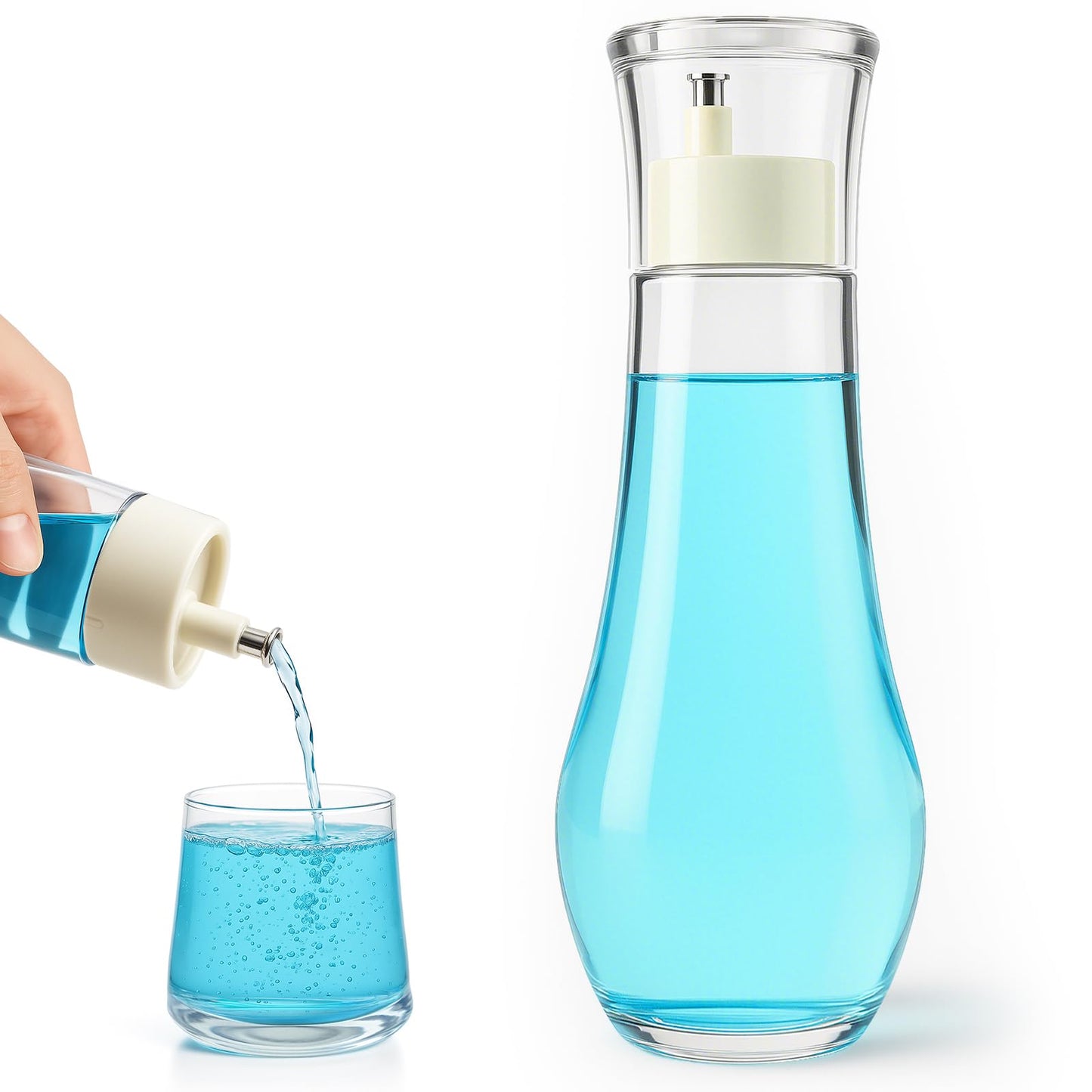 Tokusatsu Mouthwash Dispenser for Bathroom, 8.8 oz Clear Glass Refillable Mouthwash Container Bottle with Lid Cup for Countertop, 1 Pack