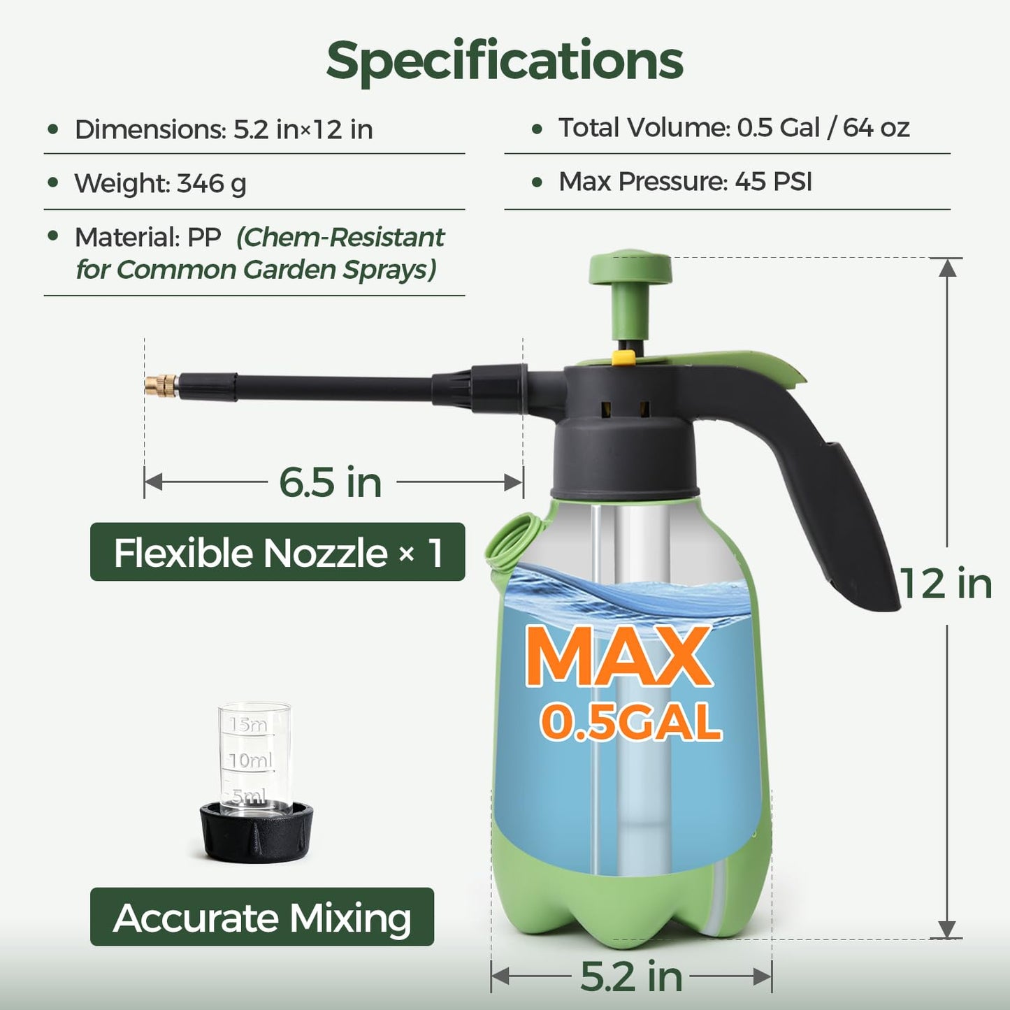 T4U 1/2 Gallon Pump Sprayer with Flexible Adjustable Nozzle, PP Hand Pump Pressure Sprayer with Built-in Measuring Cup for Home Garden Plant Care and Household Cleaning, Indoor & Outdoor Use