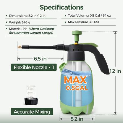 T4U 1/2 Gallon Pump Sprayer with Flexible Adjustable Nozzle, PP Hand Pump Pressure Sprayer with Built-in Measuring Cup for Home Garden Plant Care and Household Cleaning, Indoor & Outdoor Use