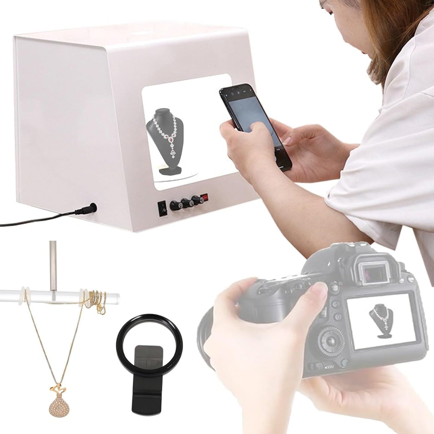 EXSHUING Jewelry Photography Light Box with Turntable, Dimmable Led Photo Tent – 360° Auto-Rotation, 1kg/2.2lbs Load, Hanging Bracket Included, 3000-5500k, CRI>92%, for Stunning Gemstone & Gold(TB30)