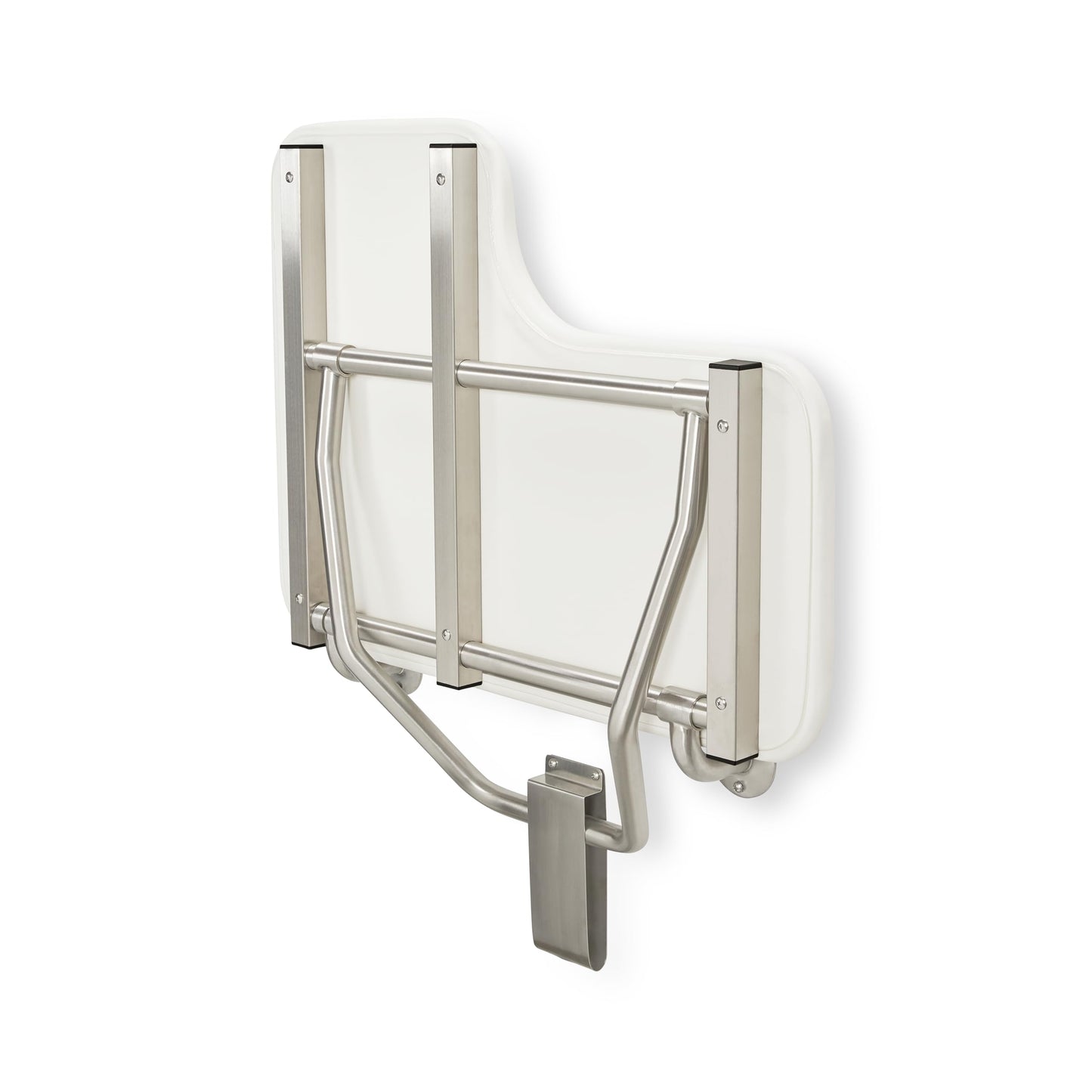 Seachrome Lift-Assist Shower Seat, L-Shaped Right-Hand, ADA, Wall Mount, Padded White Naugahyde