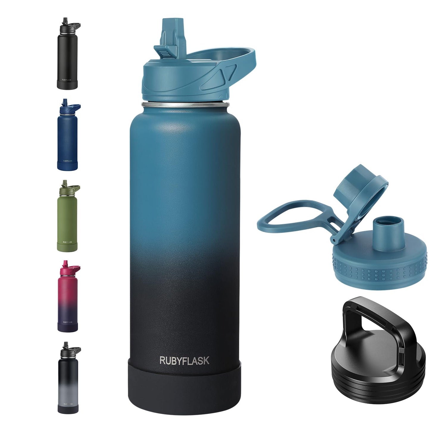 RUBYFLASK 40oz Insulated Water Bottle with Straw, Stainless Steel Metal Vacuum Water Flask, Large Thermal Water bottle with Leakproof 3 Lids for Travel, Camping, Gym Sports Indigo Black