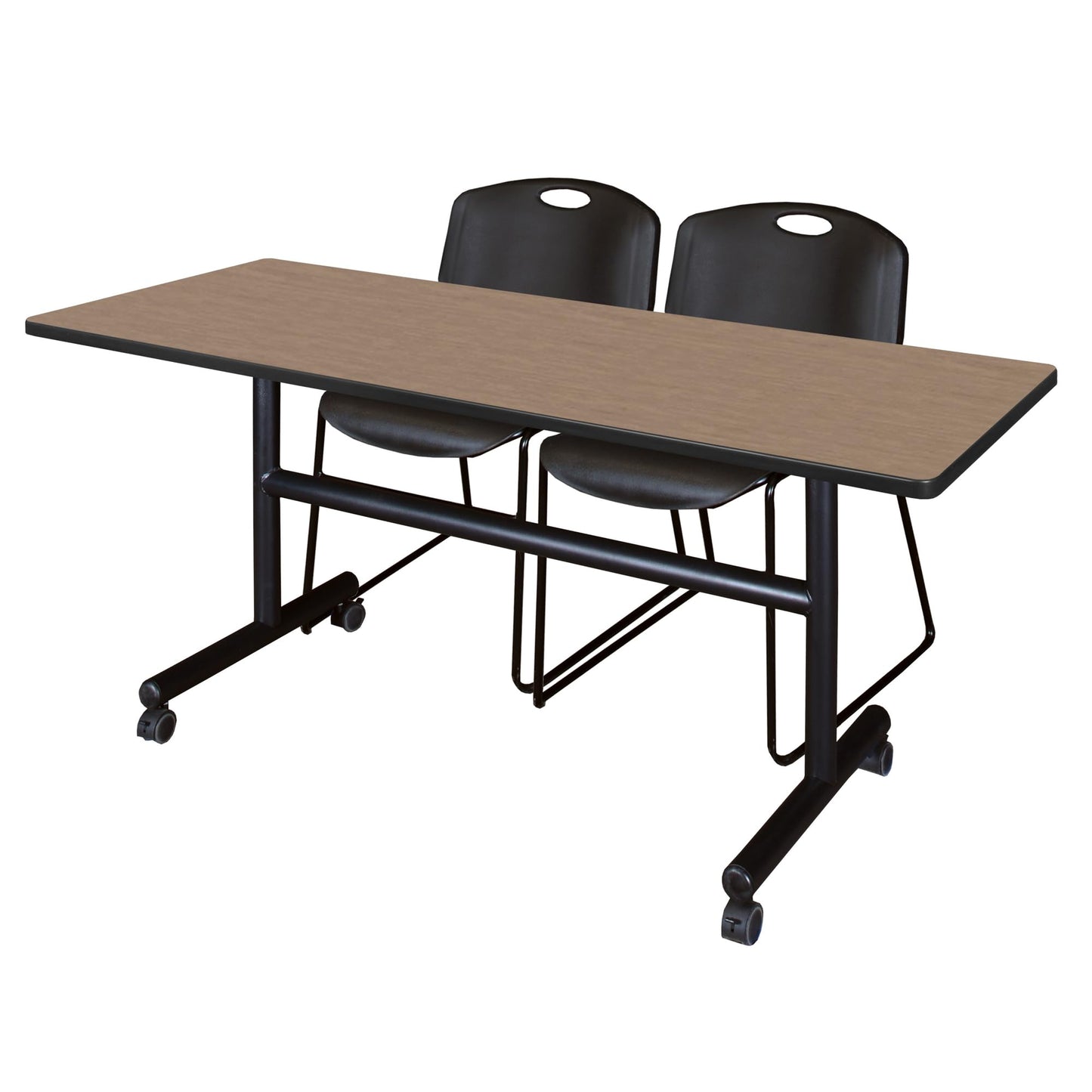 Regency Kobe 60 x 30 in. Flip-Top Training Nesting Table- Noble Oak, 2 Zeng Stack Chairs- Black