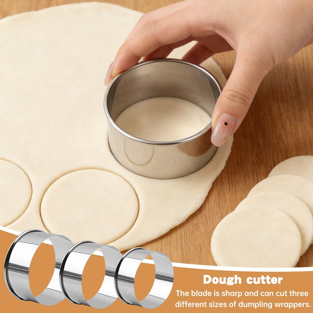 Stainless Steel Dumpling Maker Set, 3 Dumpling Maker Press + 3 Dough Cutter + 1 Stuffing Scoop +1 Rolling Pin, Easy tool for Dumpling-Wrapper Dough Stamp Cutter Pastry Pie Making(COLOR:Silver)
