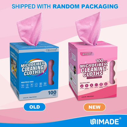 UNIMADE Microfiber Cleaning Cloth, 100 Sheets Microfiber Towels for Cars Commercial Grade Washcloths Lint-Free Bulk Shop Towel Cleaning Rags for Household Restaurant Garage Housekeeping,11"x 9", Pink