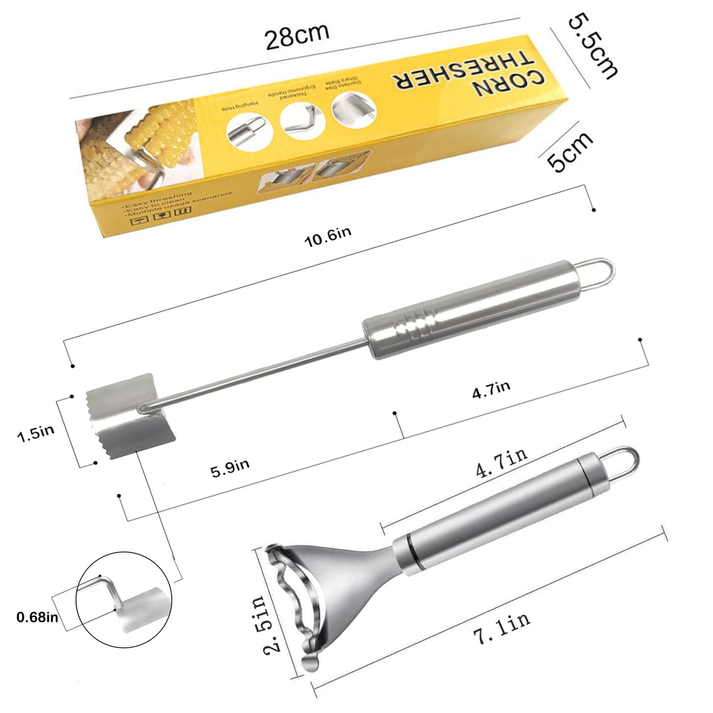 Corn Peeler For Corn On The Cob，2025 Upgrade Sawtooth Corn Cob Stripper Tool ，Ergonomic Design Ideal Tool For Long Handle Stainless Steel Corn On the Cob Stripper Tool (Silver, 1pack+1peeler)