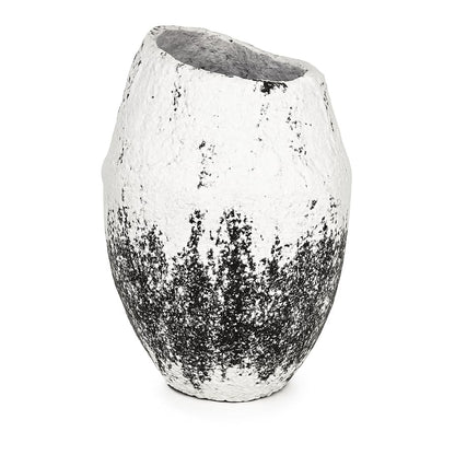 Handcrafted Textured Ceramic Vase – White & Black Asymmetrical Pottery with Rustic Matte Finish – Modern Decorative Accent for Shelves, Consoles, and Tabletops