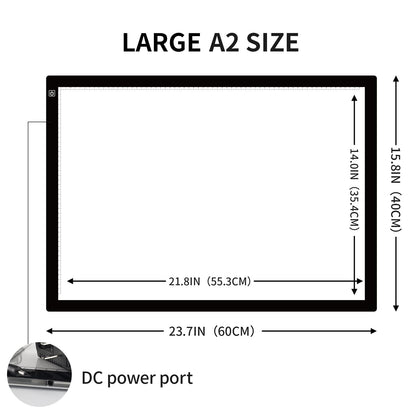 TOHETO A2 Light Pad Super Thin 7mm Portable Stepless Dimmable Brightness Large Light Box Copy Board for Diamond Painting Weeding Vinyl with 2 Multi-Functional Clips 12V 2A Adapter (23.7''x15.8'')
