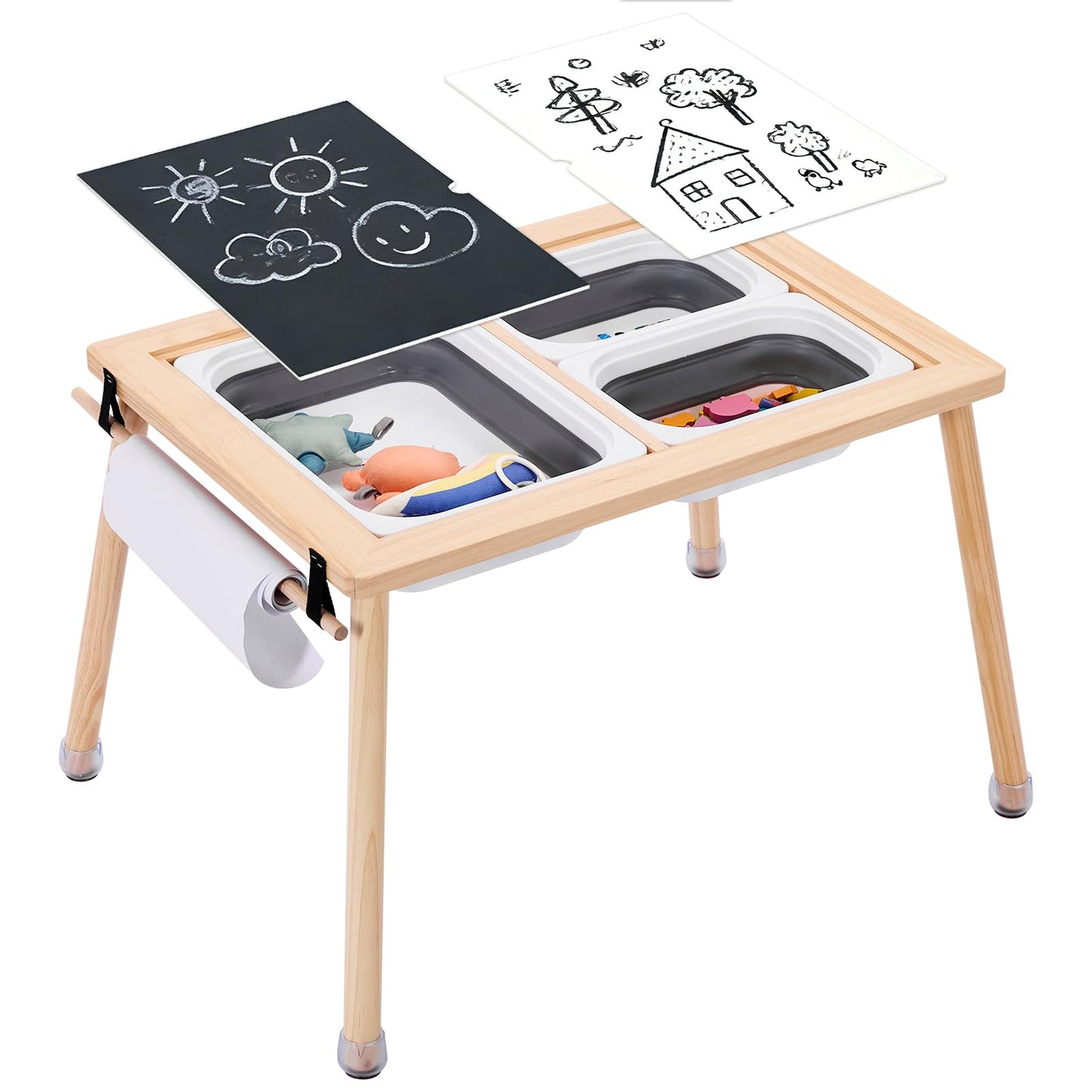 WOOD CITY Sensory Table for Toddlers Kids, Wooden Activity Table for Play Study Paper Roll Holder Indoor/Outdoor Montessori Play Sand and Water Table with Foldable Toys Storage Bins