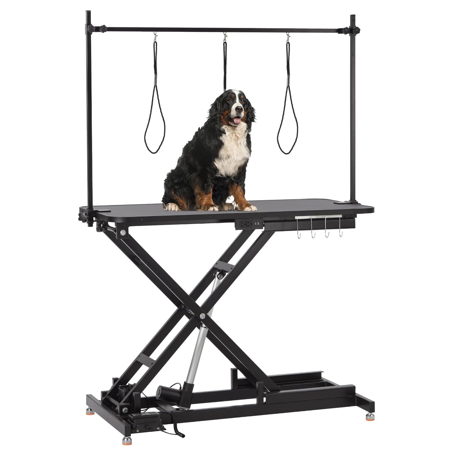 Towallmark Electric Dog Grooming Table, Height Adjustable Large Pet Anti Slip Desktop, Foldable Bathing Desk with Overhead Arm, Hooks & 3 Nooses, Maximum Capacity Up to 264.5Lbs, Balck