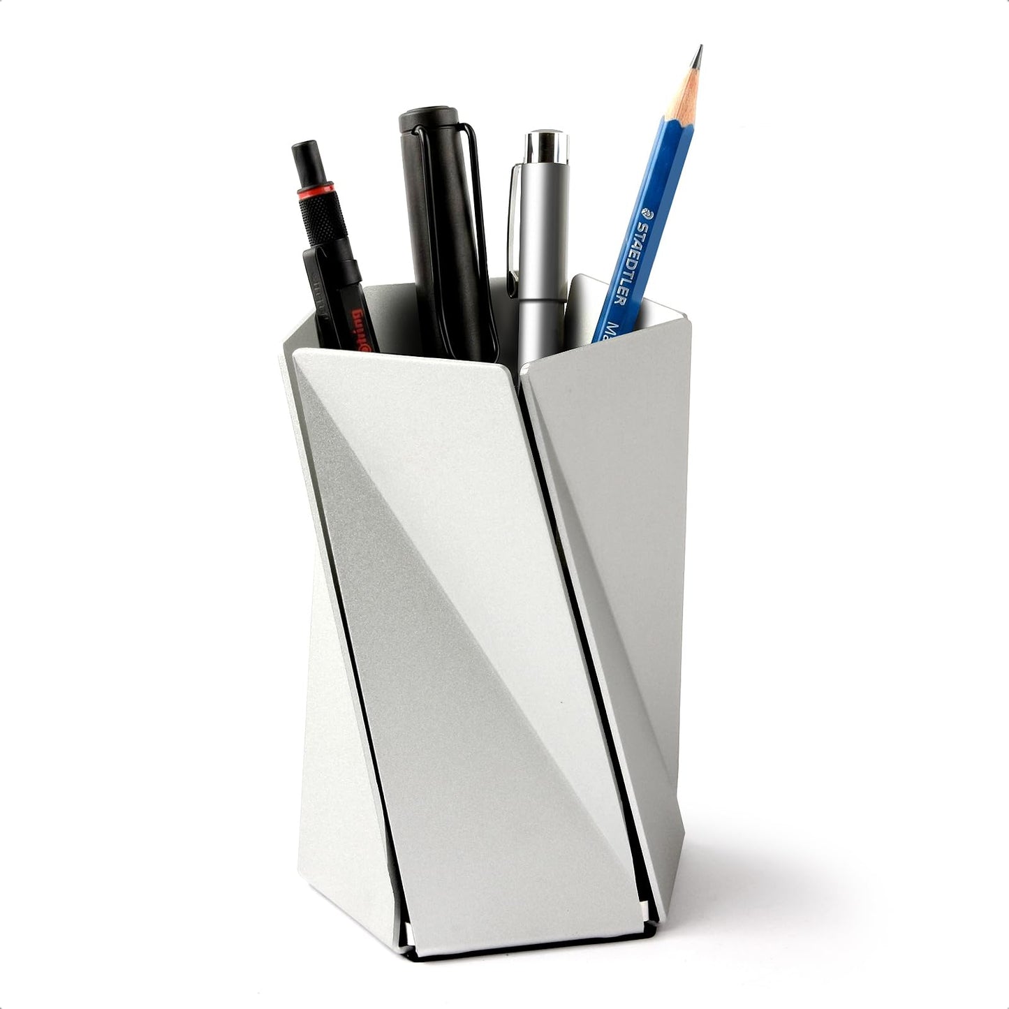WHITE DESIGN Twisted Faceted Aluminum Pen Holder - Modern Minimalist Origami Pencil Cup & Desk Organizer, Office Decor Gift for Professionals & Executives