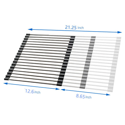CHIRISEN Expandable Large Roll Up Dish Drying Rack, Foldable Over The Sink Dish Drying Rack, Rolling Dish Drainer Stainless Steel Roll Rack for Kitchen Sink Counter (Black, 21.25x12.79)