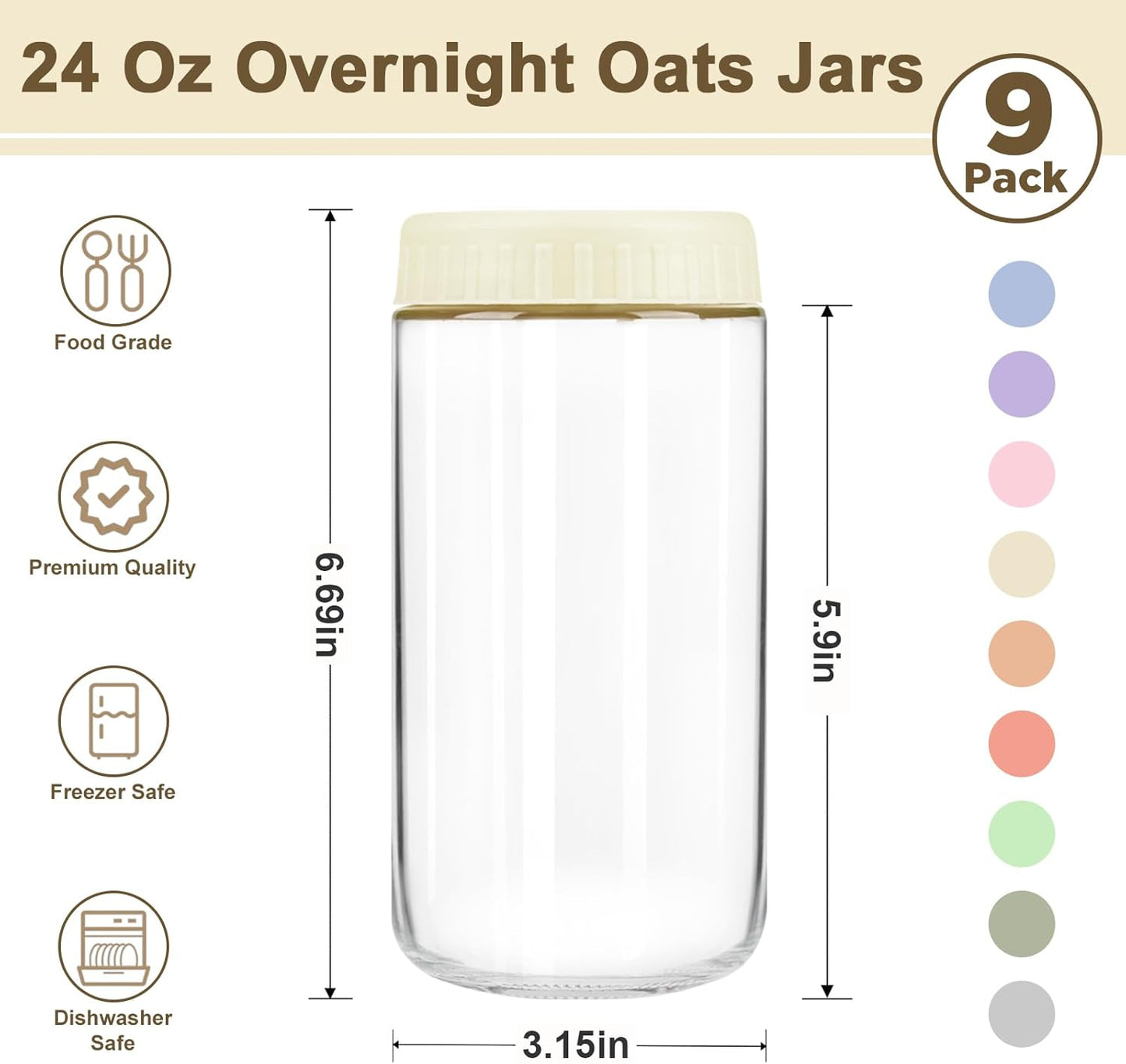 24oz 9 Pack Overnight Oats Containers with Lids, Wide Mouth Mason Jars with Lids, Glass Jars with Airtight lid for Chia