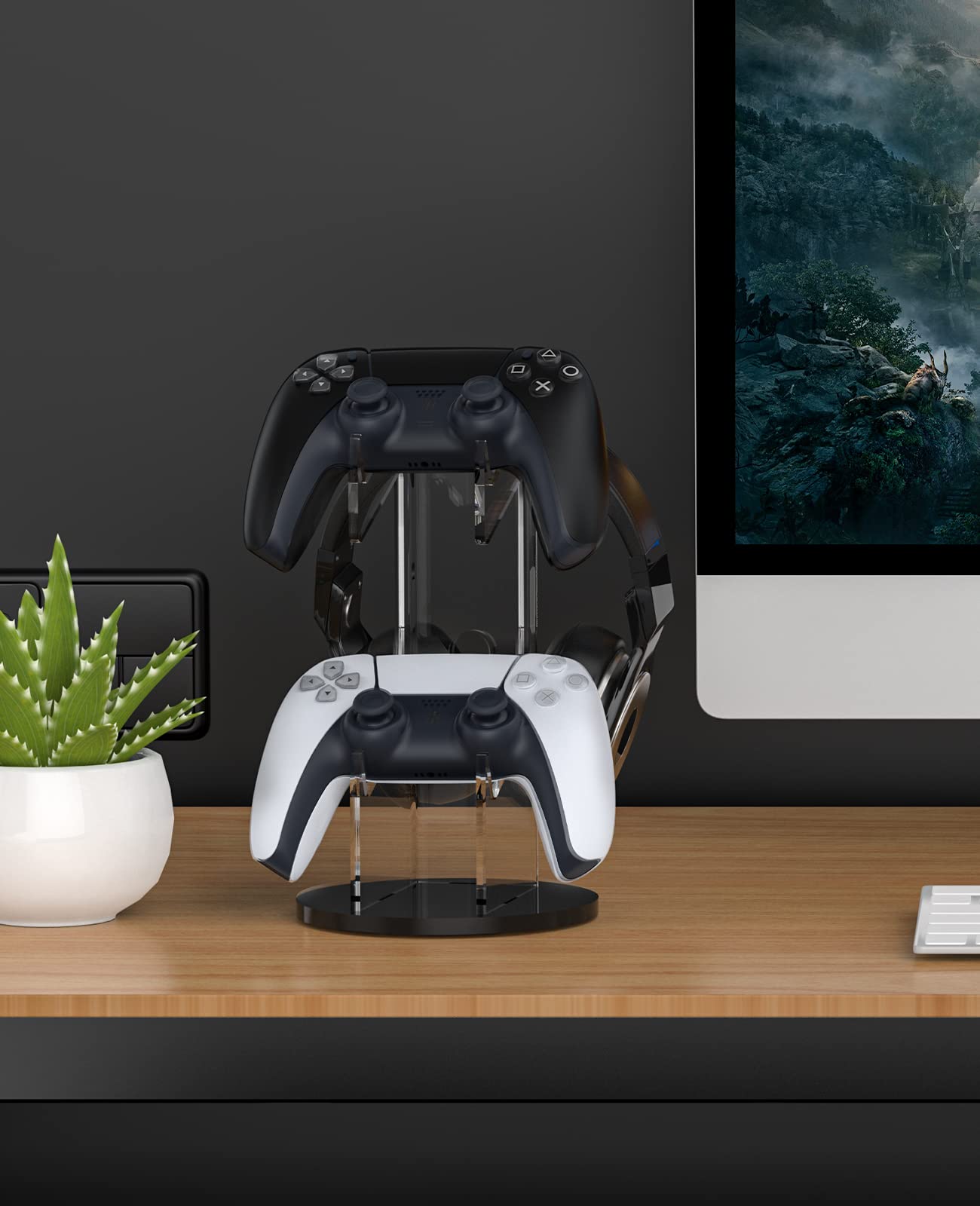 MoKo Universal Stand for Game Controller and Headset Stand, 2 in 1 Game Controller Support Holder Storage Organizer for Switch/Switch 2, ps5, ps4, Xbox One, Xbox Series, Gaming Accessorie, Black&Clear