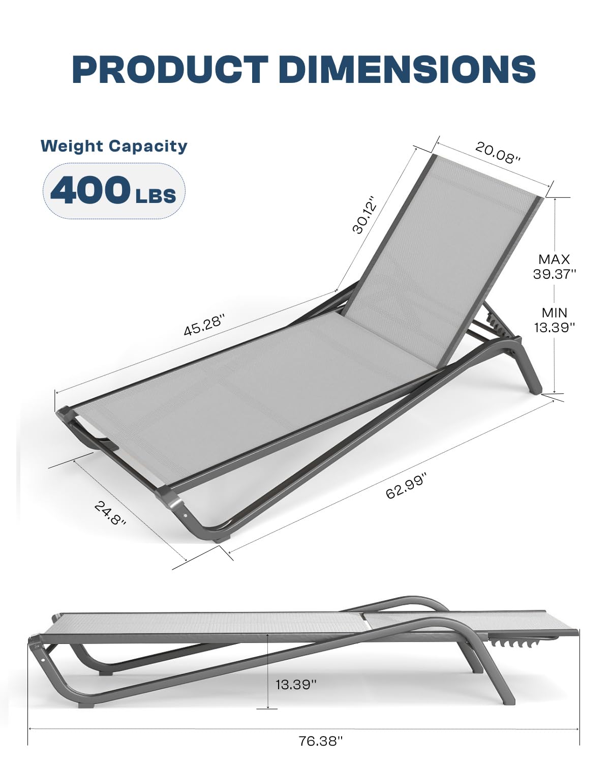 Patio Kingdom 3-Piece Patio Chaise Lounge Set with Side Table, Set of 2 Adjustable Pool Chairs and Aluminum Bistro Table, All-Weather Outdoor Furniture for Pool Deck, Patio & Tanning, Light Grey