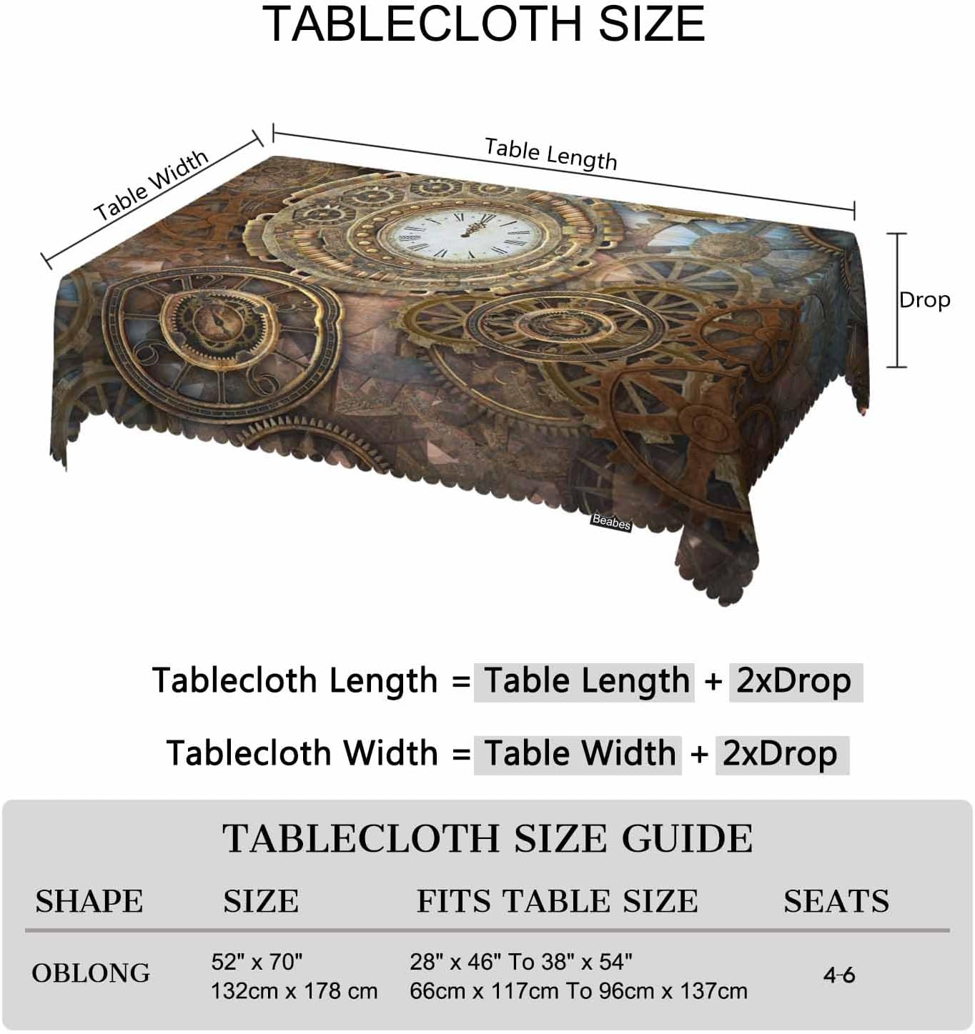 Beabes Clock Gears Tablecloth, Rusty Steampunk Design for Rectangle Tables, 52"X70" Indoor Outdoor Cover