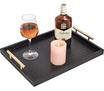 MACVAD Set of 2 Modern Elegant Large Wood Serving Tray, Rectangle Decorative Tray Ottoman Tay Coffee Table Tray, Black Crocodile Leather with Gold Polished Metal Handles