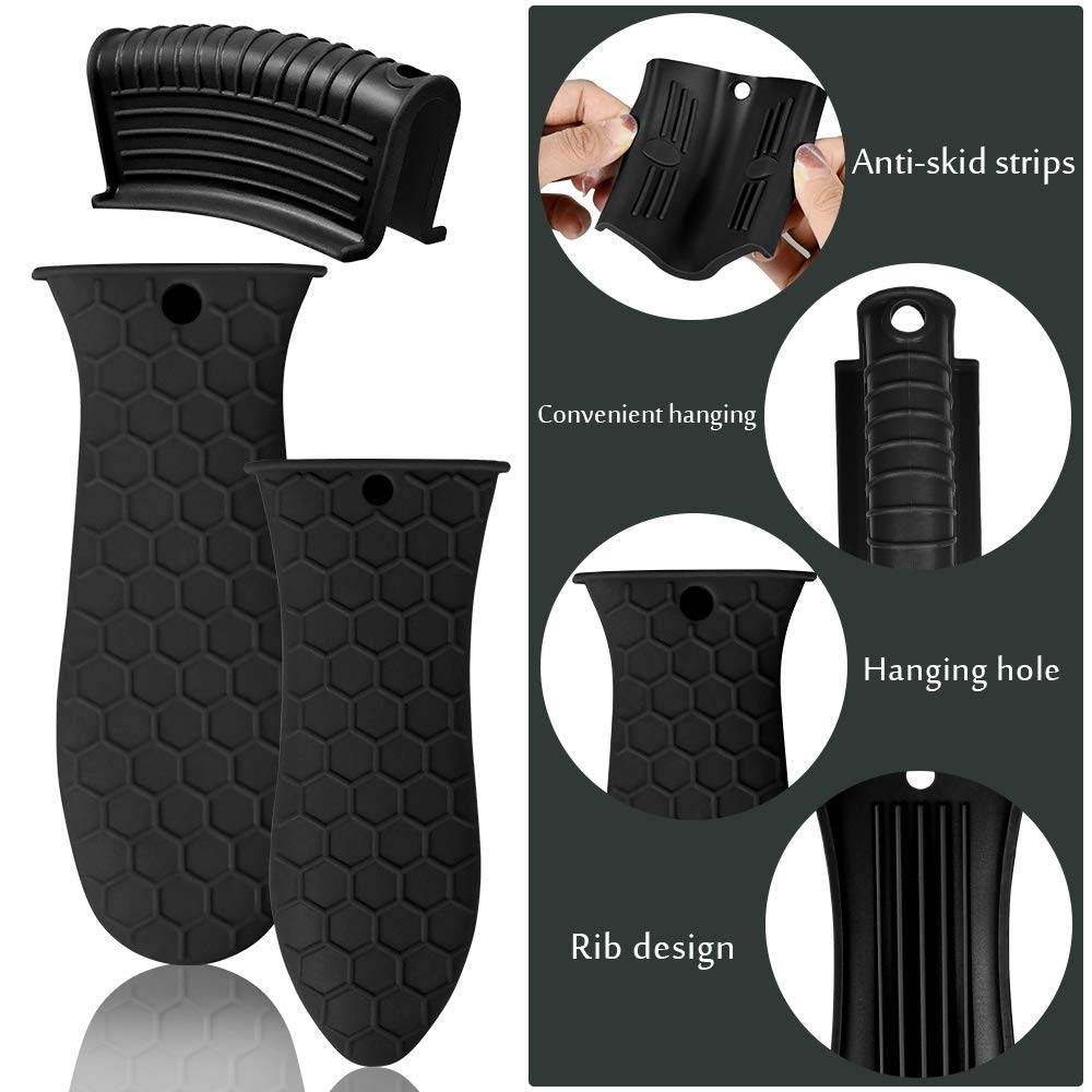 EVAHOM Silicone Hot Handle Holder, Heat Resistant Potholder Cookware Handle Cast Iron Skillets Handles Grip Covers for Cast Iron Skillet (Black)