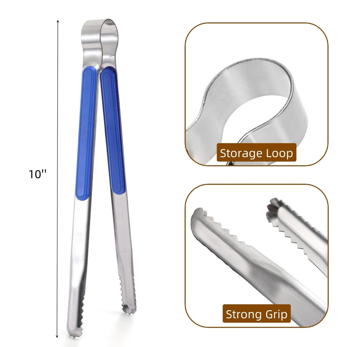 Nagpew 10 Pack Stainless Steel Kitchen Tong, 10 inch Heavy Duty Serving Tong with Heat-Resistant Handle, Grill Clamp Beefsteak Clip in 10 Colors for Cooking, BBQ, Meat, Salad, Ice