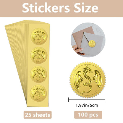WADORN 100Pcs 2'' Dragon Embossed Gold Foil Seals, Self Adhensive Animal Round Gold Seals Sticker Labels Vintage Dragon Sticker for Envelopes Invitation Card Diplomas Awards Graduation