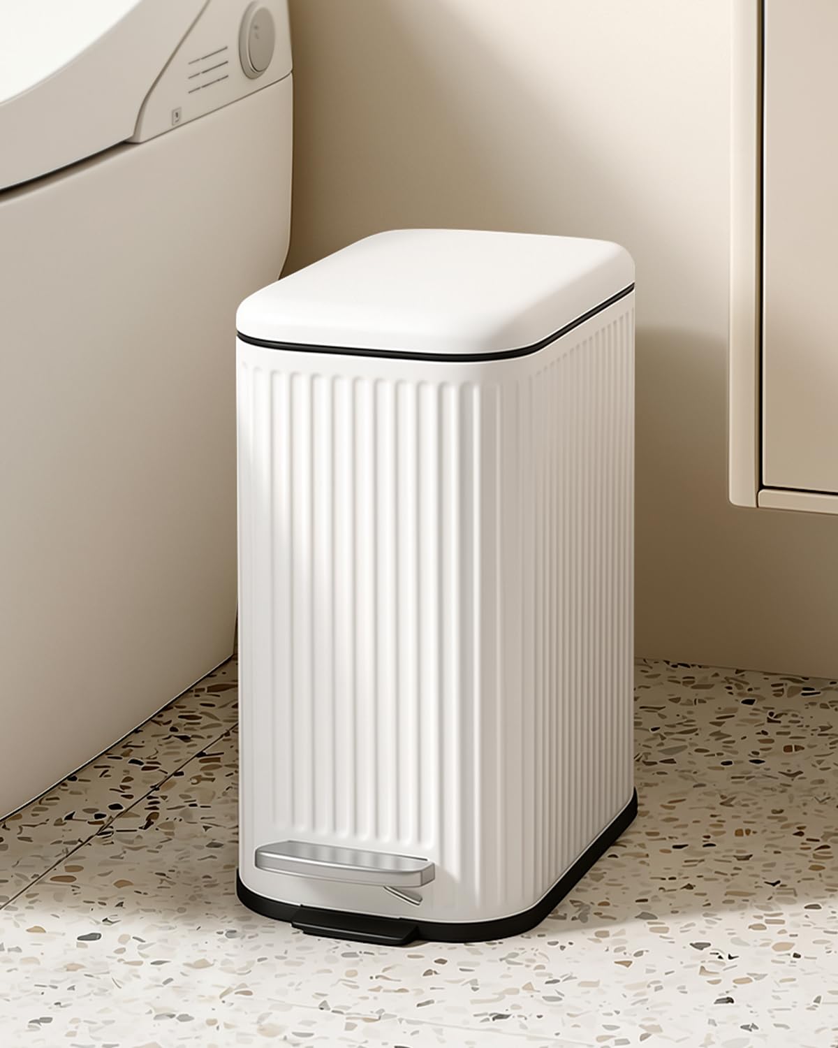 Cesun Bathroom Small Trash Can with Lid Soft Close - 1.3 Gallon Slim Garbage Can with Removable Inner Bucket, Stainless Steel Waste Basket with Step Pedal for Bedroom, Living Room, Office, White