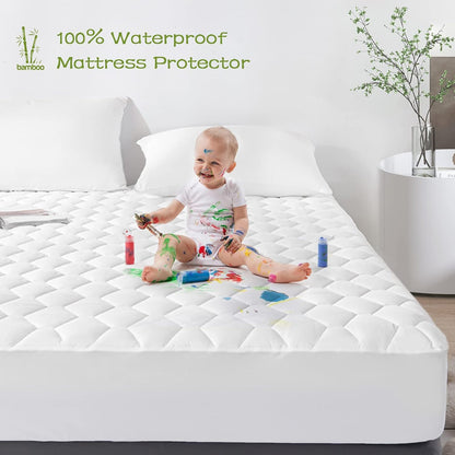 18" GRT Twin XL Mattress Protector Waterproof, Rayon from Bamboo, Cooling Quilted Fitted Mattress Pad, Noiseless