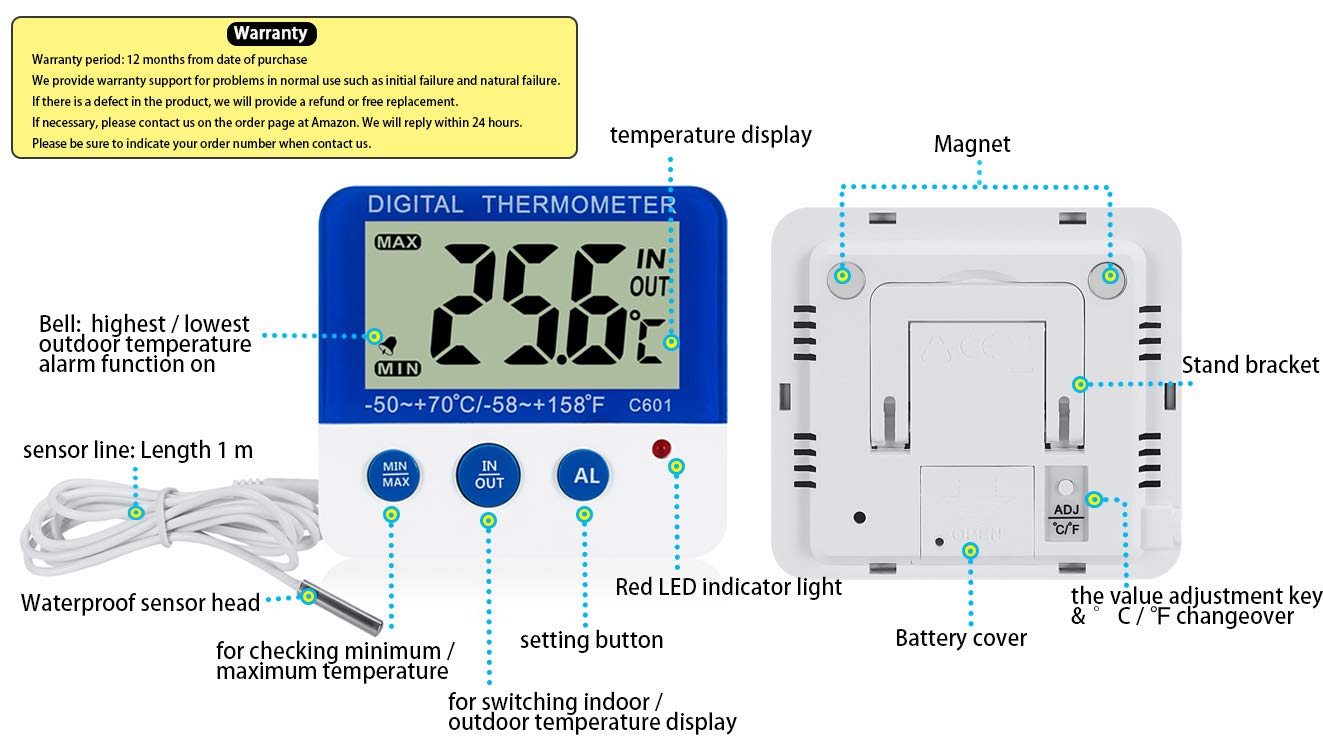 Fridge Freezer Thermometer with Max/Min Memory, LXSZRPH High & Low Temperature Alarms, Digital with Magnetic Stand, 2