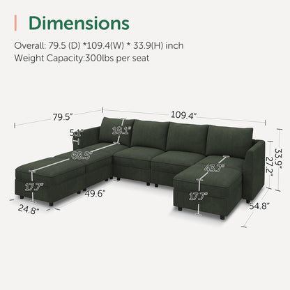HONBAY Modular Sofa U Shaped Sectional Couch with Storage, Convertible Modular Sofa 7 Seats Sectional for Living Room - Green