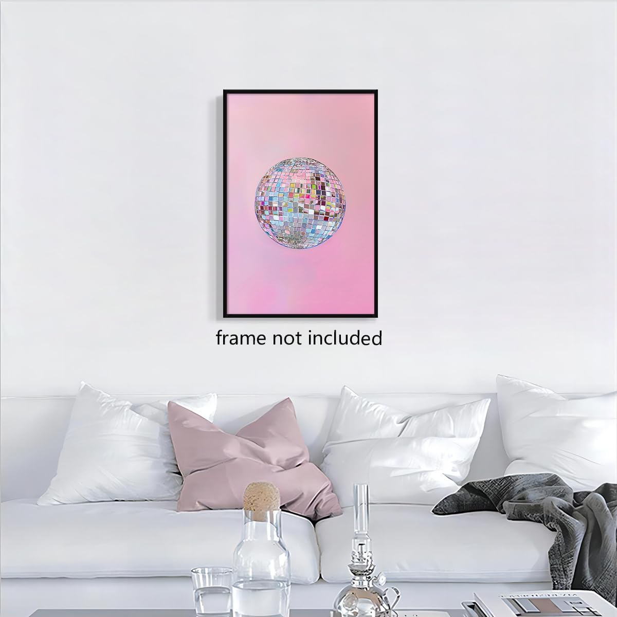 xbsifyiooa 16x24in Silver Disco Ball Canvas Wall Art, Bright Pastel Pink Girly Poster, Trendy Dopamine Mirrorball Wall