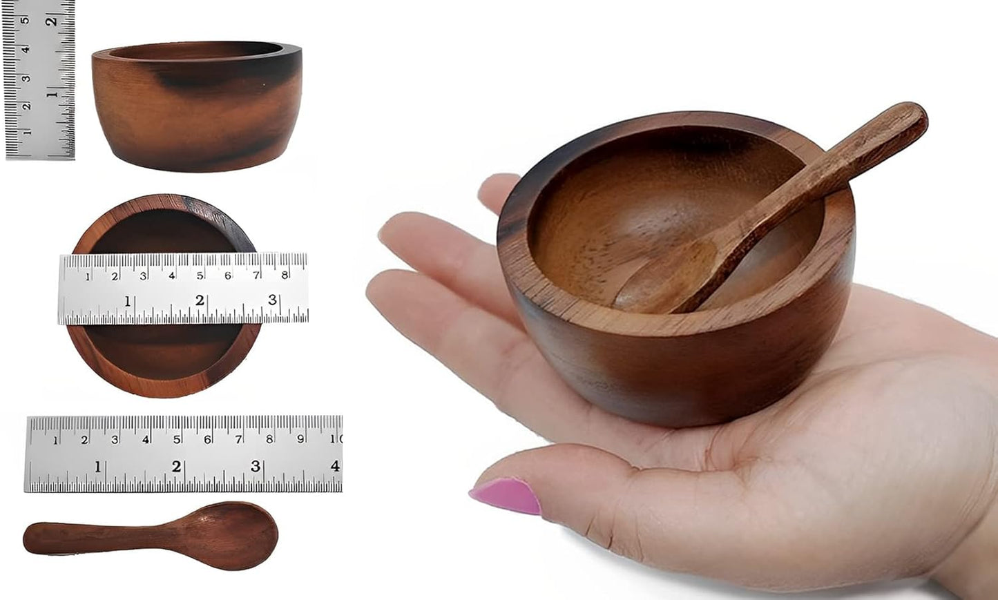 Set of 4 Small Round Acacia Wooden Bowls, 2¾ Inch with Spoons - Stackable Mixing Bowl Set