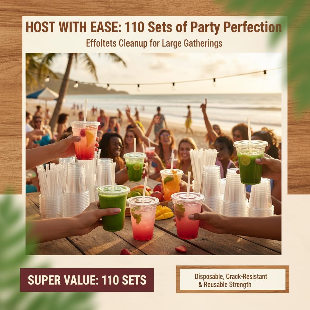 Voatree 110 Pack Clear Plastic Cups with Lids and Straws, 16 oz Disposable Iced Coffee Cups To Go, BPA-Free Cold Drink Cups for Smoothie, Matcha, Parties