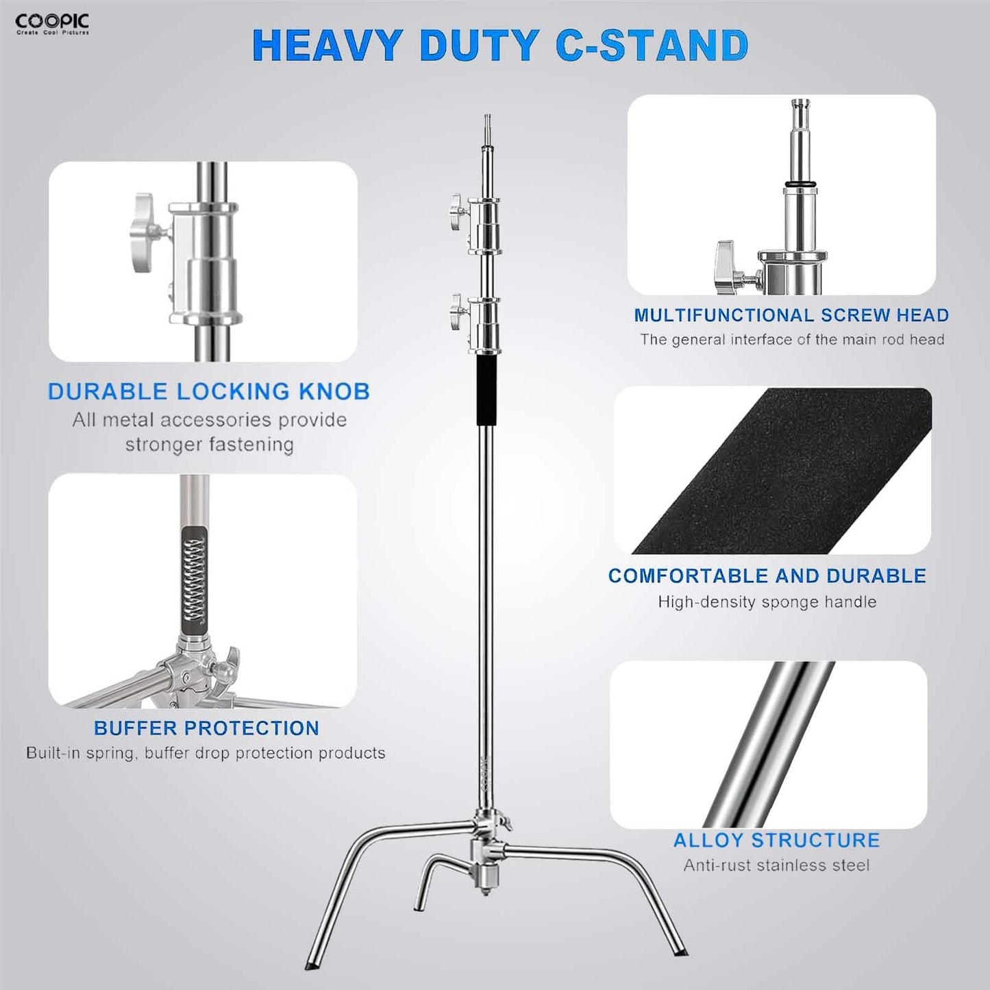 280cm Pro C-Stand Light Stand – Stainless Steel with 103cm Boom Arm, Adjustable Base, 2 Grip Heads, Carrying Bag, Sandbag & Clips for Photography & Video Lighting