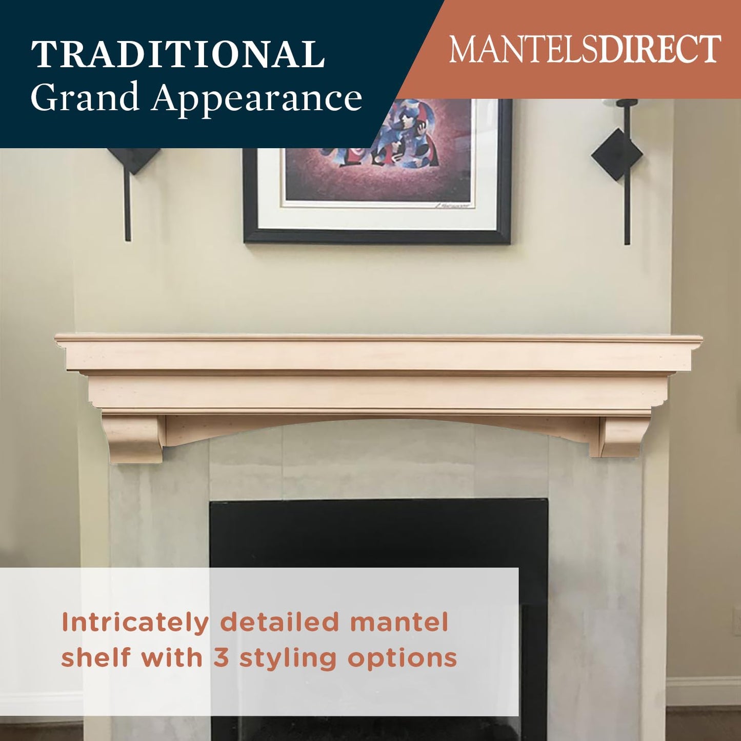 MANTELSDIRECT Salem Wood Mantel Shelf with Arched Corbels - Unfinished 60 Inch | Wooden Rustic Wall Mounted Shelf from Pine Wood - Perfect for Fireplaces, TVs & Décor