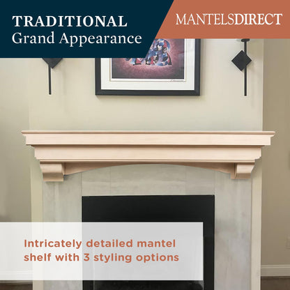 MANTELSDIRECT Salem Wood Mantel Shelf with Arched Corbels - Unfinished 60 Inch | Wooden Rustic Wall Mounted Shelf from Pine Wood - Perfect for Fireplaces, TVs & Décor
